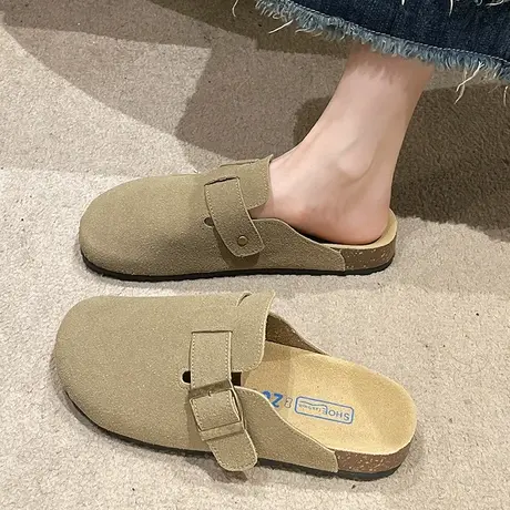 勃肯鞋女包头半拖鞋女外穿2023新款秋季孕妇平底一脚蹬复古懒人鞋商品大图