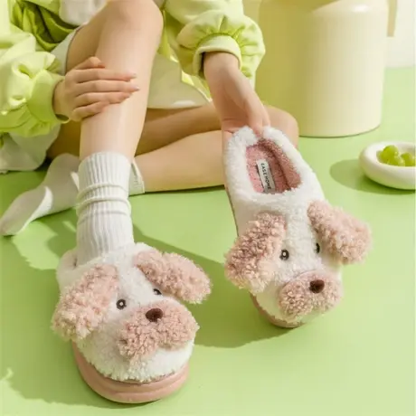 2024新款可爱小狗毛绒棉拖鞋女士居家厚底防滑秋冬季保暖月子拖鞋商品大图