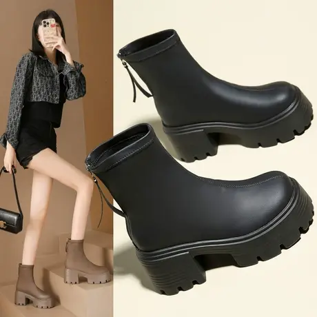 增高厚底短靴女新款秋冬季靴子女马丁靴厚底美拉德皮靴高跟小个子图片