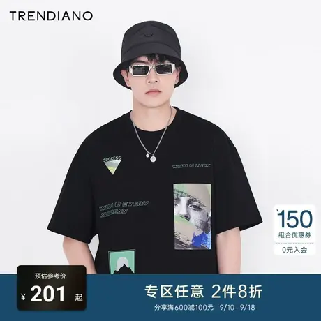 TRENDIANO官方潮牌男装上衣时尚剪影人像slogan印花宽松短袖T恤男商品大图