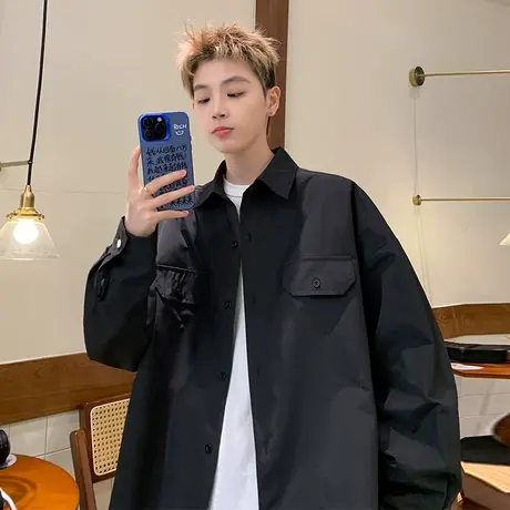 纯色衬衫男春秋季新款美式高级潮牌内搭长袖衬衣宽松大码休闲外套图片