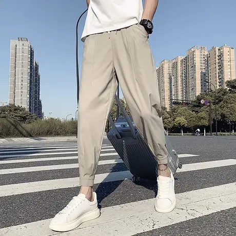 夏季男士休闲裤九分裤小脚裤裤子修身潮流百搭个性纯色哈伦小西裤商品大图