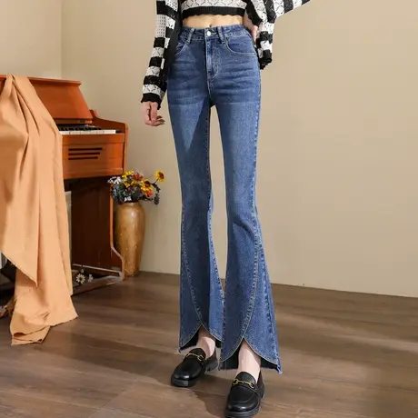 唐狮24春季新款牛仔裤女微喇裤弹力高腰显瘦个性开叉修身百搭TJ图片