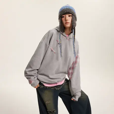 美式设计感潮牌拼接连帽卫衣女春秋2024新款复古宽松补丁情侣外套商品大图