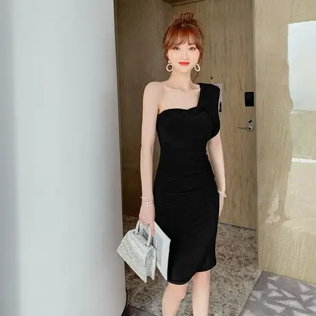 黑色单肩主持人礼服轻奢优雅小晚礼服新款气质名媛宴会连衣裙女商品大图