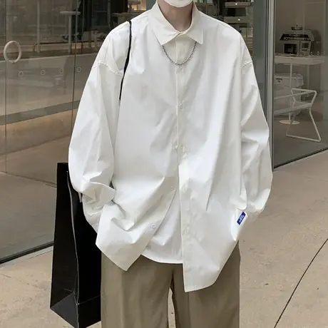 百搭港风长袖衬衫男纯色宽松休闲衬衣秋冬季外套翻领上衣服基础款商品大图