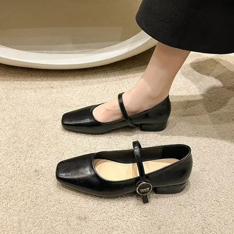 法式玛丽珍鞋女2024年春秋季新款复古方头浅口单鞋粗跟防滑小皮鞋商品大图