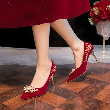 女鞋2024年新款气质单鞋女款中式红色结婚鞋新娘鞋敬酒绣花高跟鞋图片