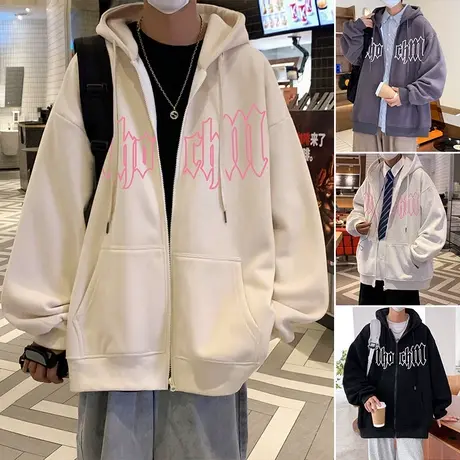 重磅加绒卫衣外套男秋冬季ins潮牌美式宽松情侣加厚港风连帽开衫商品大图