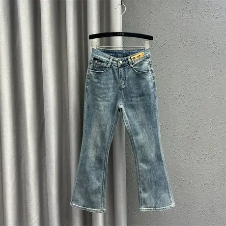 欧货微喇裤女2024春季新款蓝色韩版贴布设计感时尚百搭牛仔九分裤图片