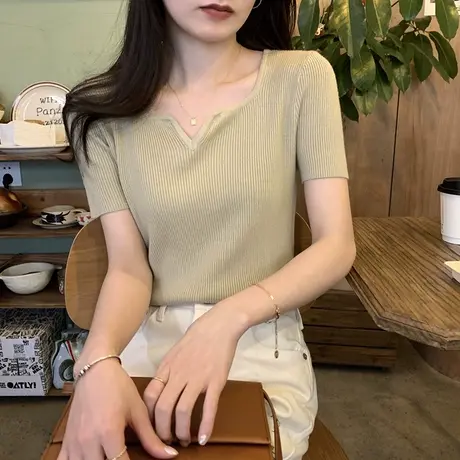 气质设计感针织短袖t恤女2023年新款春夏季韩版修身内搭百搭上衣图片