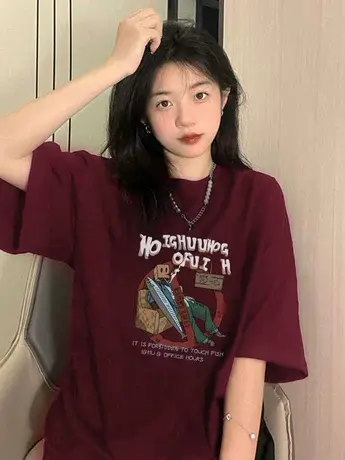 酒红色纯棉短袖t恤女夏季韩版宽松美式复古oversize潮牌半袖上衣商品大图
