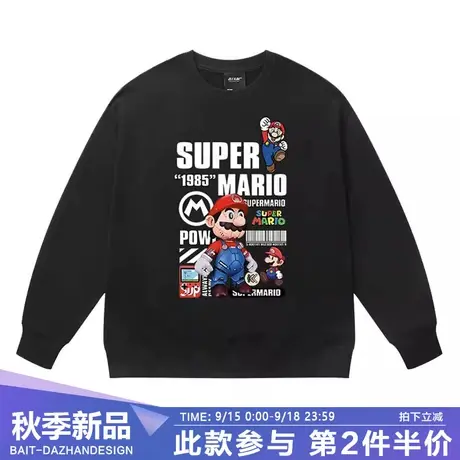 港风chic圆领卫衣男士马里奥卡通印花套头衫秋冬季加大码长袖外套商品大图