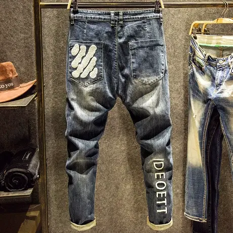 春秋款浅蓝色牛仔裤男宽松直筒裤子复古韩版日系时尚水洗绣花潮牌商品大图