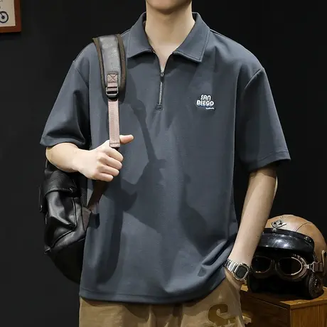 拉链Polo衫男士短袖t恤男衣服夏季2024男装潮牌大码翻领体恤男款商品大图