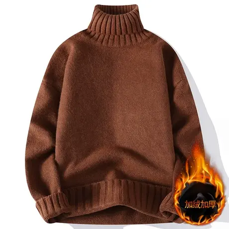 2023秋冬新款男士加绒加厚毛衣纯色可翻高领针织衫毛线衫线衣潮商品大图