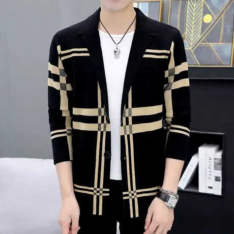 开衫男士格子针织衫秋季潮流格子韩版西装领夹克休闲外穿帅气毛衣商品大图