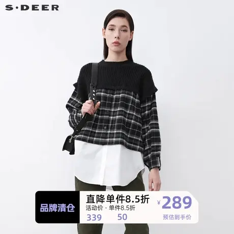 sdeer圣迪奥女装罗纹圆领格纹针织拼接不规则衬衫S21480508🎷图片