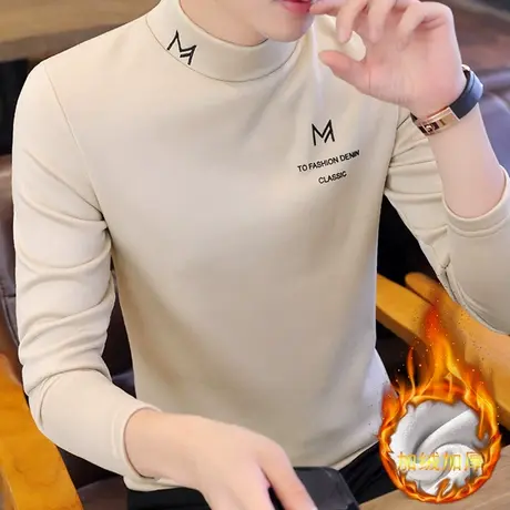 秋冬季男士长袖t恤半高领打底衫秋衣加绒加厚卫衣潮牌上衣服男装商品大图