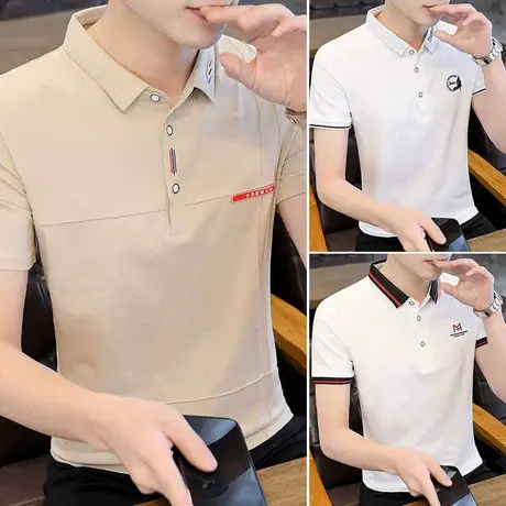 棉感衬衫领半袖Polo衫男士短袖t恤上衣服夏季有带领青年丅恤潮流图片