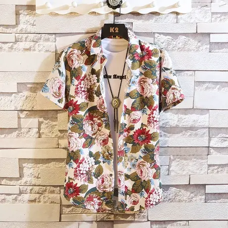 ins超火碎花衬衫复古港风chic短袖宽松沙滩度假夏威夷花衬衫男潮商品大图