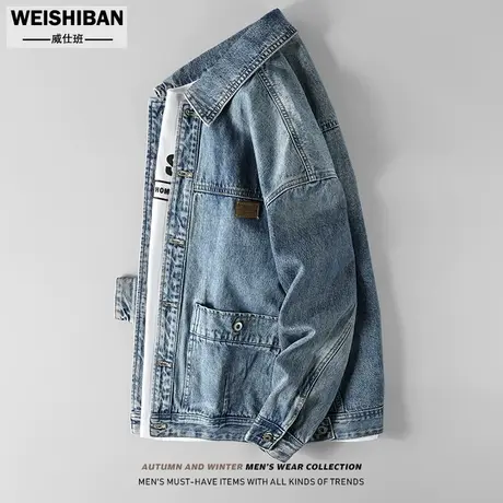 美式休闲水洗做旧翻领牛仔夹克男潮流2023年新款痞帅百搭廓形外套图片