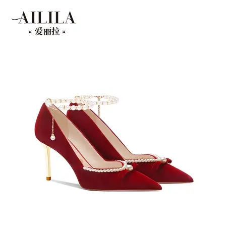 爱丽拉秀禾服婚鞋女2023新款红色新娘鞋子绑带高跟鞋高级感不累脚商品大图
