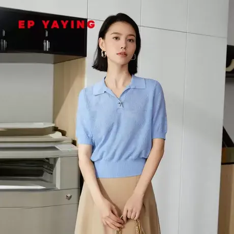 EP YAYING雅莹女装 暗纹提花POLO领短袖针织衫 2023秋冬新款9565A图片