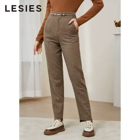LESIES蓝色倾情秋冬季女装新款 咖色格子链条装饰直筒冬季厚长裤商品大图