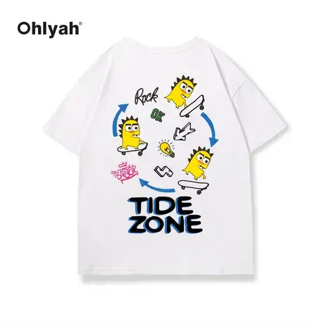Ohlyah趣味滑板黄恐龙印花短袖t恤男女无性别ins潮牌宽松落肩袖商品大图