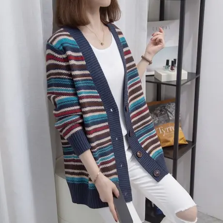 v领条纹针织开衫女2023秋装新款宽松慵懒风外穿上衣厚毛衣外套潮商品大图