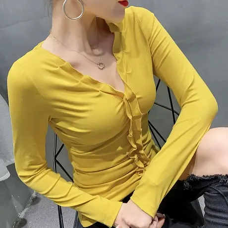 2023春秋新款性感V领T恤女长袖设计感木耳边上衣洋气百搭打底衫潮商品大图