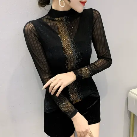 性感网纱长袖T恤女名媛气质烫钻洋气上衣加绒半高领打底衫春秋潮商品大图