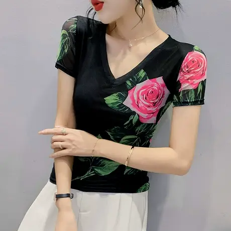 复古气质印花T恤女短袖夏季性感V领修身小衫时尚网纱洋气上衣个性商品大图