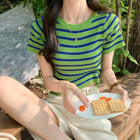 高腰短款条纹短袖T恤女2023夏装新款修身设计感体恤小衫上衣ins潮图片