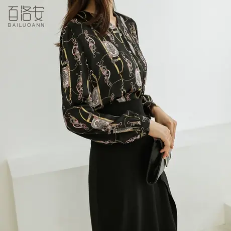 百洛安V领印花衬衫女秋季新款气质通勤长袖衬衣宽松显瘦百搭上衣图片