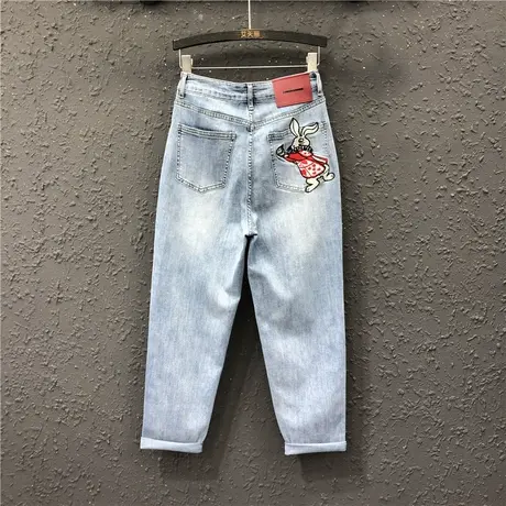 欧货减龄刺绣牛仔老爹裤潮23春夏新款女装高腰宽松显瘦哈伦裤垮裤商品大图