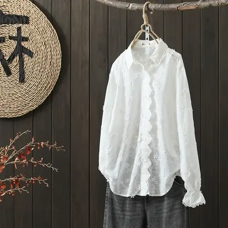 枫谜2022年秋季新款文艺立体钩花刺绣白衬衫休闲百搭图片