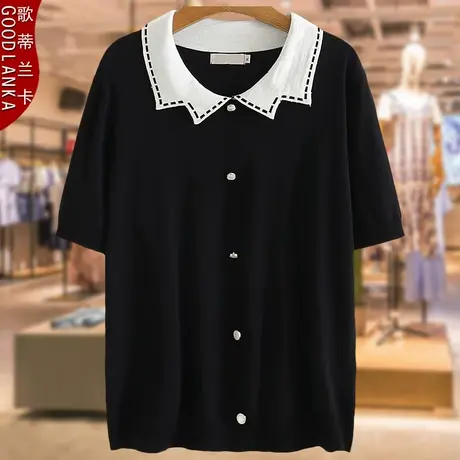 夏季大码200斤冰丝针织衫短袖洋气时尚中年妈妈装遮肉POLO领上衣图片