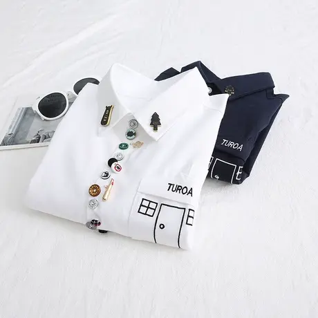 2019春秋新款日系森女刺绣学院风衬衫女宽松百搭翻领打底白色衬衣商品大图