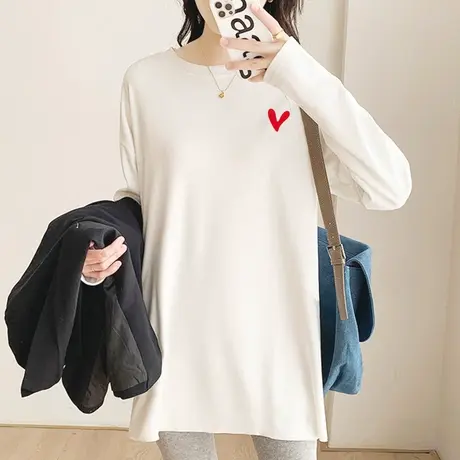 长袖T恤女纯棉宽松中长款大码上衣2022年春秋装胖MM纯棉打底内搭商品大图