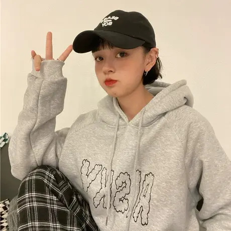 红续复古简约字母宽松慵懒风2023早春新款加厚连帽卫衣女外套ins图片