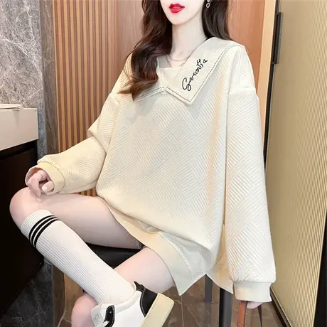 华夫格翻领polo衫卫衣女春秋季韩版宽松薄款ins娃娃领上衣外套潮商品大图