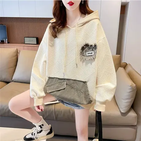 华夫格卫衣女春秋季韩版宽松设计感小众小个子薄款牛仔拼接外套潮商品大图