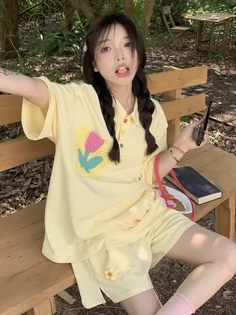 polo领短袖运动套装女夏季2023新款宽松百搭休闲短裤体恤两件套潮图片