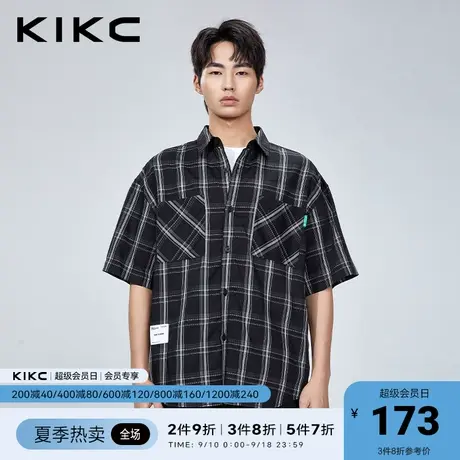 kikc短袖衬衫男2023春夏新款商场同款宽松休闲日系格子翻领衬衫图片
