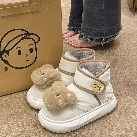 加绒棉鞋女冬季卡通可爱小熊高帮包跟保暖外穿厚底防滑外穿雪地靴商品大图