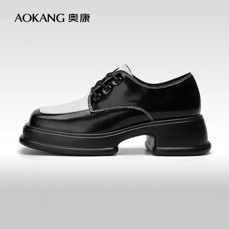 【门店发货】奥康女鞋 春秋季新款厚底粗跟乐福鞋英伦风小皮鞋图片