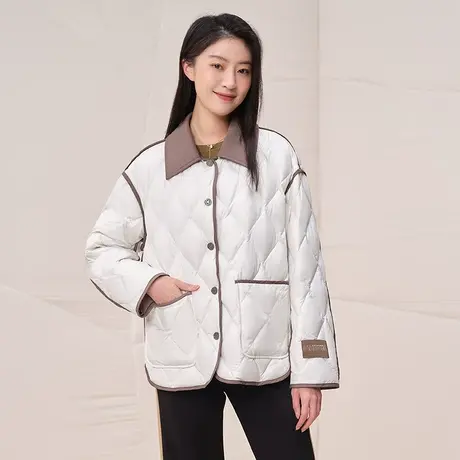 坦博尔2023年新款羽绒服女短款菱格翻领撞色保暖秋冬外套TB233322商品大图