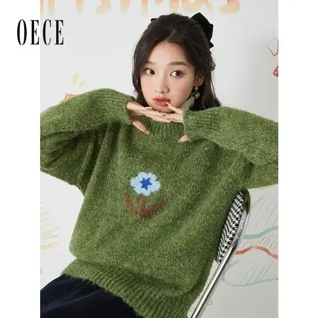 Oece复古软糯套头毛衣2022秋冬季新款女装刺绣针织衫气质上衣商品大图
